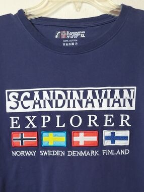 Scandinavian Explorer Nordic Flags T-Shirt Navy Blue XL Embroidered EUC